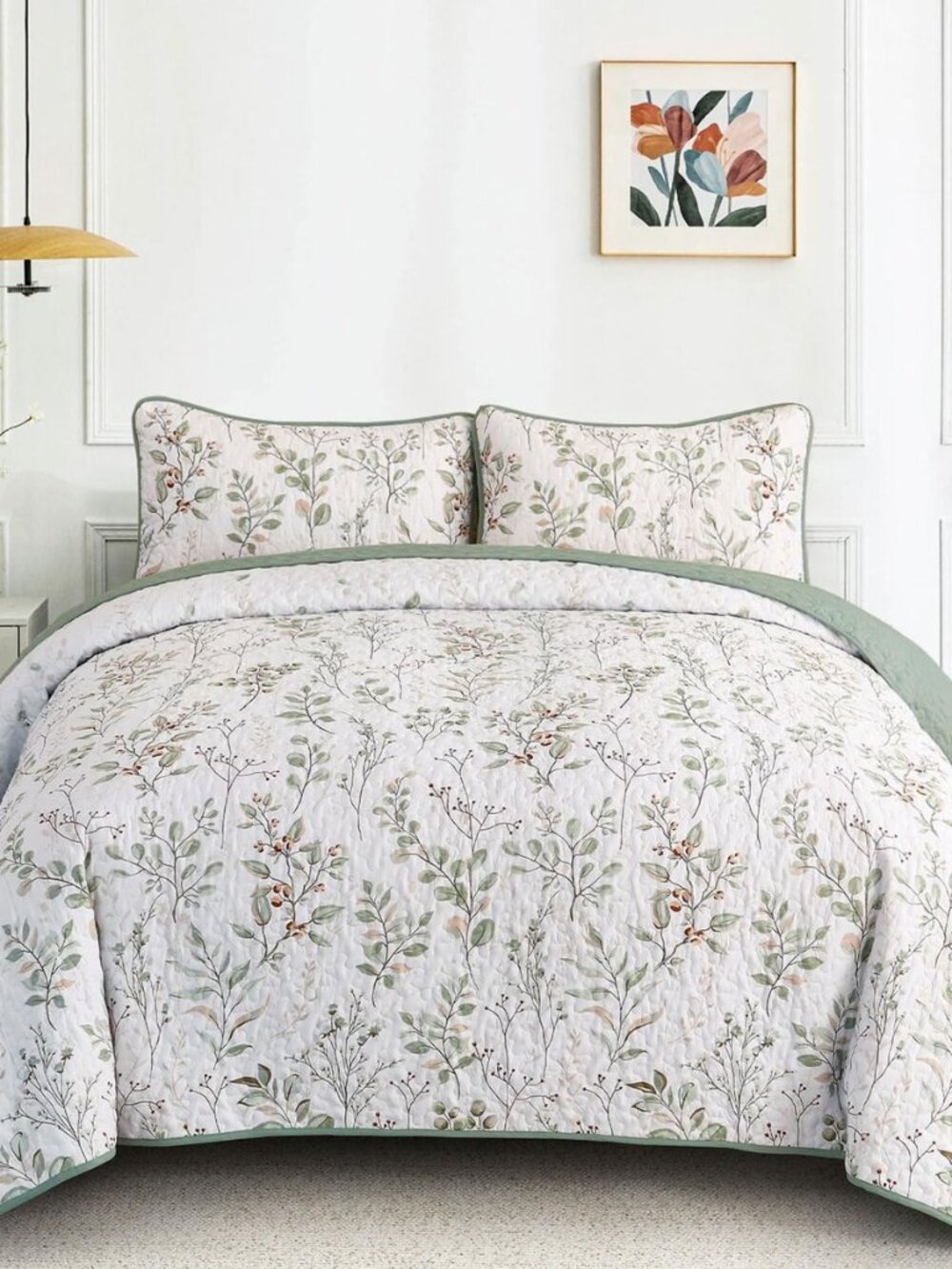 Botanical Quilt Set Queen Size Sage Green Print Bedspreads